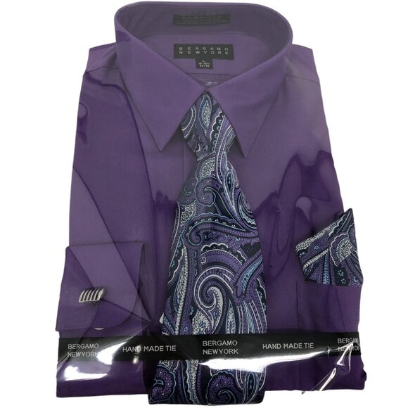 NWT Bergamo New York Purple Regular Fit Button Down Dress Shirt w/ Tie 16-16.5 L - Picture 1 of 10